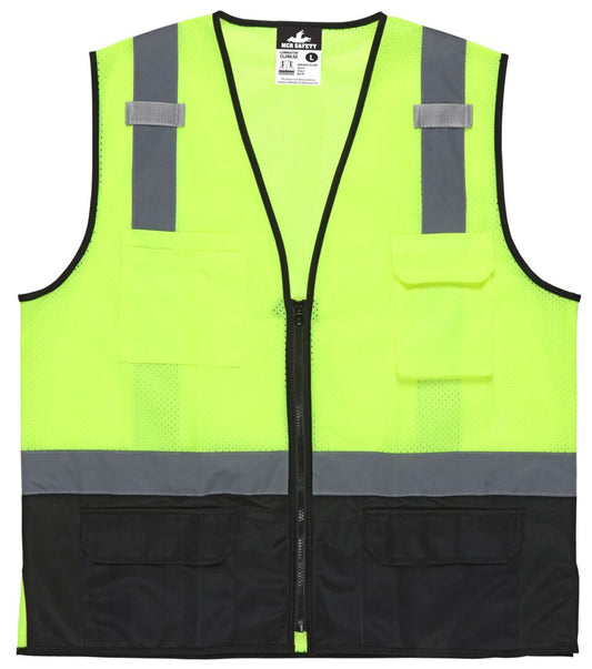 CL2MLSZ – Hi-Vis Lime Safety Vest with Zipper Front and Reflective Stripes